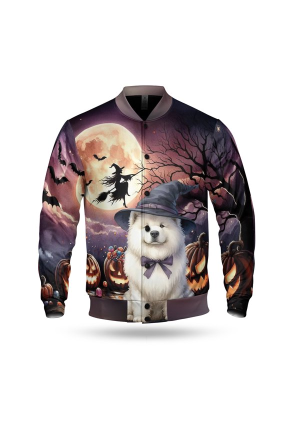 Spooky Halloween Night Witch Samoyed Glowing Pumpkins All Over Print 3D Baseball Jacket Siberian Sammy Dog Lover Bomber Jacket Softball - 12015