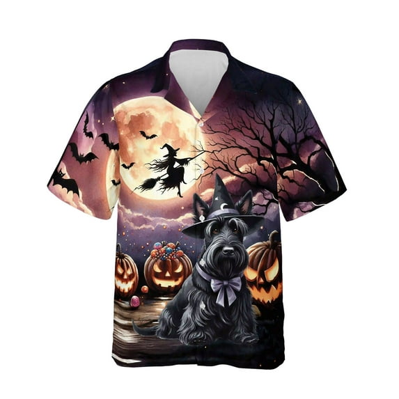Spooky Halloween Night Witch Scottish Terrier Glowing Pumpkins Hawaiian Shirt Breathable Summer Unisex Merch Scottie Dog Lover Gifts - 12015