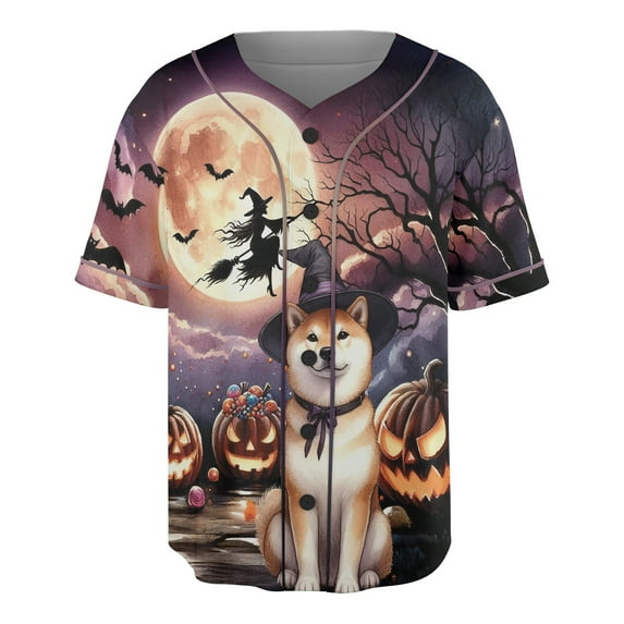 Spooky Halloween Night Witch Shiba Inu Glowing Pumpkins All Over Print 3D Baseball Shirt Shibas Dog Lovers Gifts Idea Softball Sport - 12015