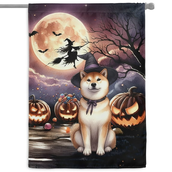 Spooky Halloween Night Witch Shiba Inu Glowing Pumpkins House Flag 28x40in Double Sided Shibas Dog Lovers Gifts Idea Outdoor Decor - 12015