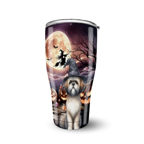 Spooky Halloween Night Witch Shih Tzu Glowing Pumpkins 30oz Stainless Steel Tumbler Insulated Cup with Lid Lion Dog Lover Gifts - 12015
