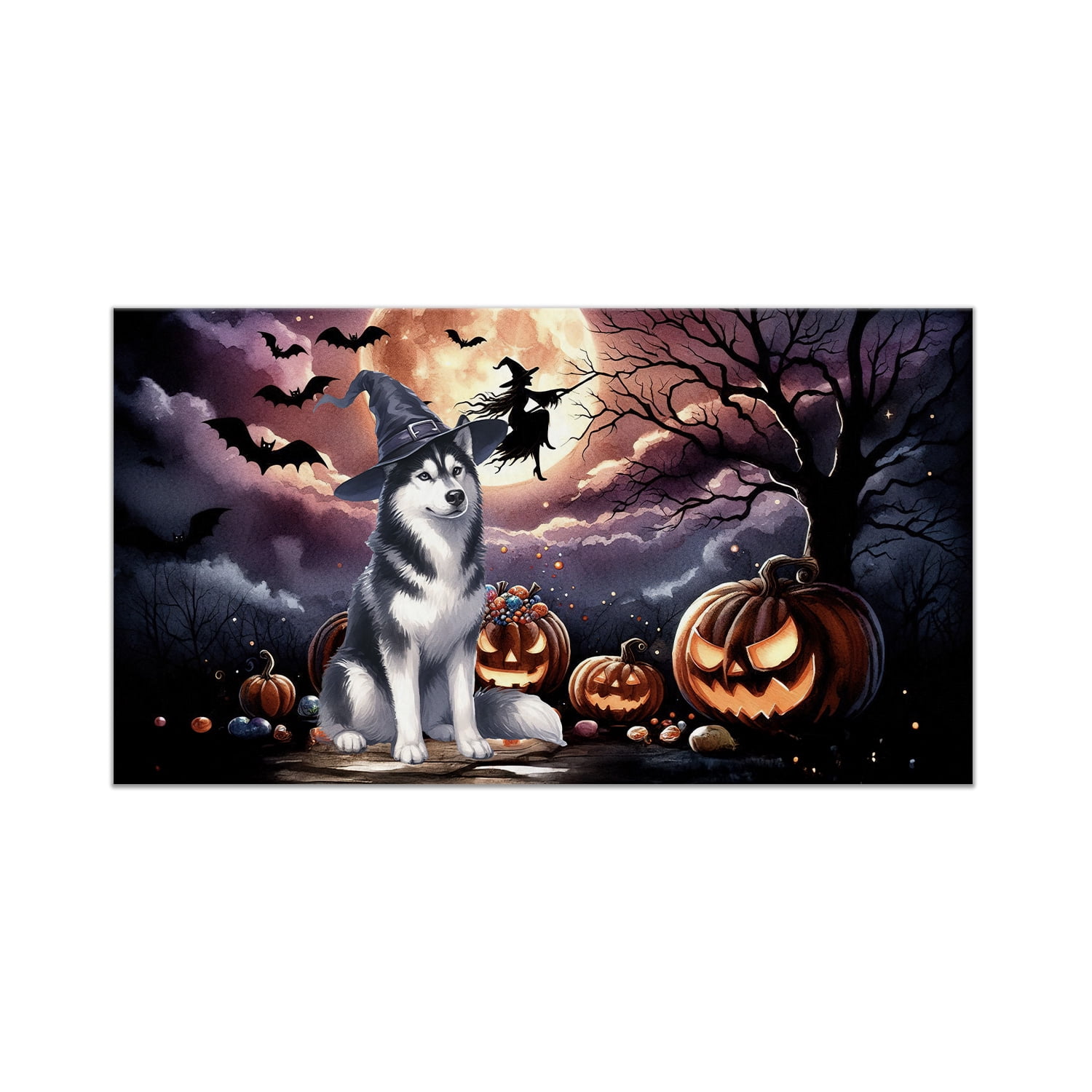 Spooky Halloween Night Witch Siberian Husky Glowing Pumpkins Doormat Husky Dog Lover Gifts Indoor Outdoor Welcome Mat - 12015