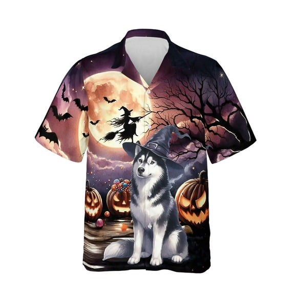 Spooky Halloween Night Witch Siberian Husky Glowing Pumpkins Hawaiian Shirt Breathable Summer Unisex Merch Husky Dog Lover Gifts - 12015