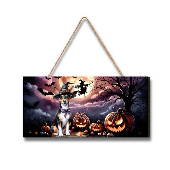 Spooky Halloween Night Witch Toy Fox Terrier Glowing Pumpkins Landscape Wood Sign Dog Lover Hanging Wall Home Decor - 12015