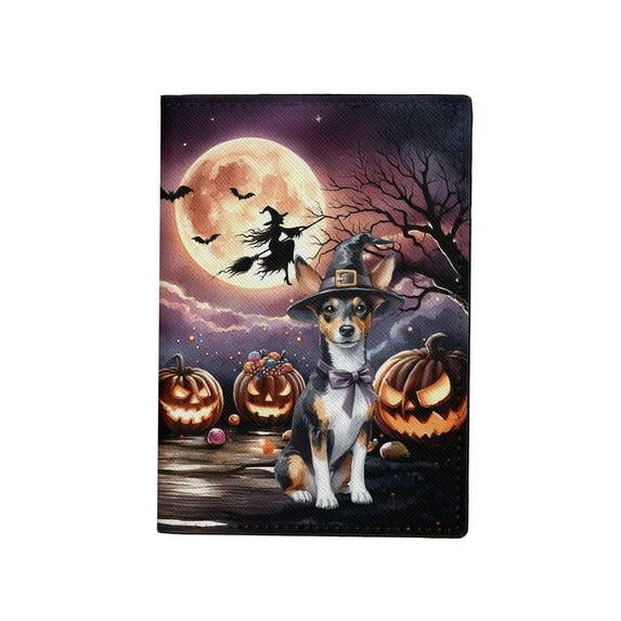 Spooky Halloween Night Witch Toy Fox Terrier Glowing Pumpkins Travel Passport Wallet Dog Lover PU Leather Passport Holder Cover - 12015