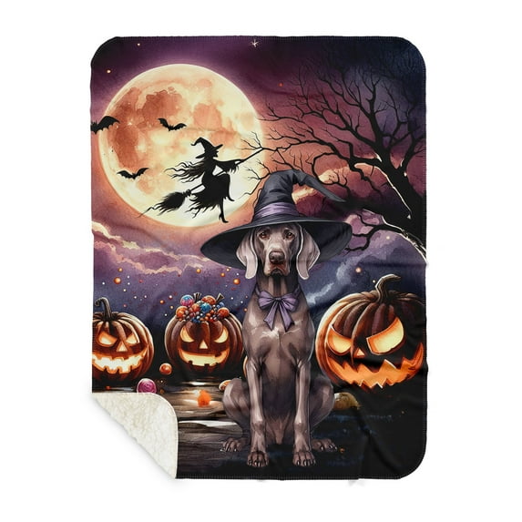 Spooky Halloween Night Witch Weimaraner Glowing Pumpkins Cozy Sherpa Blanket Weim Gray Ghost Dog Lover Warm Soft Throw Blanket - 12015