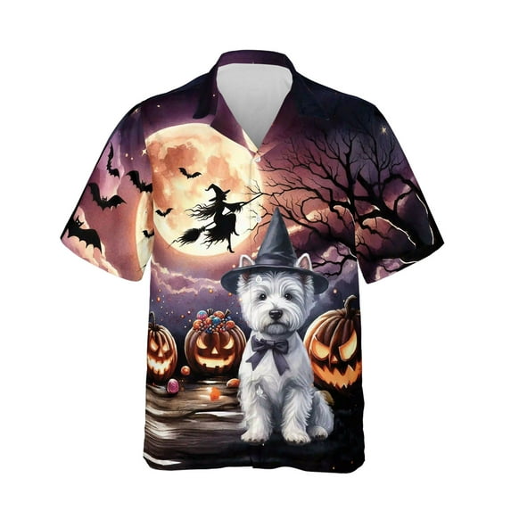 Spooky Halloween Night Witch West Highland White Terrier Glowing Pumpkins Hawaiian Shirt Breathable Summer Unisex Merch Westie Westy Dog Lover - 12015