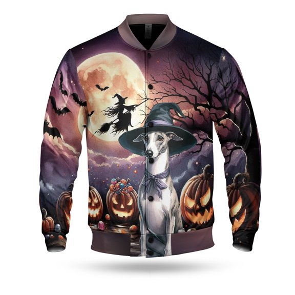 Spooky Halloween Night Witch Whippet Glowing Pumpkins All Over Print 3D Baseball Jacket Dog Lover Bomber Jacket Softball - 12015