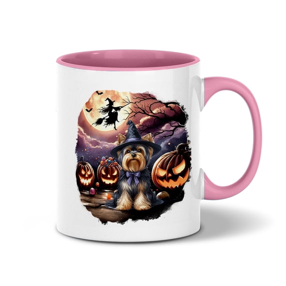 Spooky Halloween Night Witch Yorkshire Terrier Glowing Pumpkins 11oz Accent Two-tone Mug Yorkie Dog Lover Gifts Coffee Tea Cup - 12015