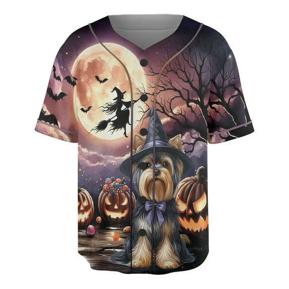 Spooky Halloween Night Witch Yorkshire Terrier Glowing Pumpkins All Over Print 3D Baseball Shirt Yorkie Dog Lover Gifts Softball Sport - 12015