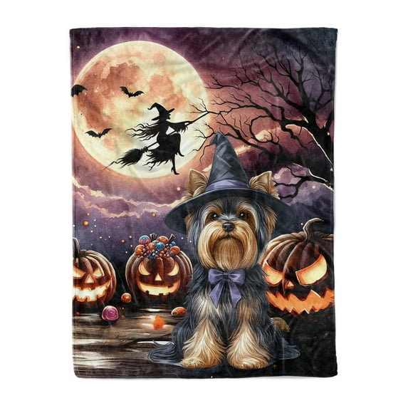 Spooky Halloween Night Witch Yorkshire Terrier Glowing Pumpkins Cozy Fleece Blanket Yorkie Dog Lover Gifts Warm Soft Throw Blanket - 12015
