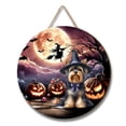 thumbnail image 1 of Spooky Halloween Night Witch Yorkshire Terrier Glowing Pumpkins Round Wood Sign Yorkie Dog Lover Gifts Hanging Wall Home Decor - 12015, 1 of 5