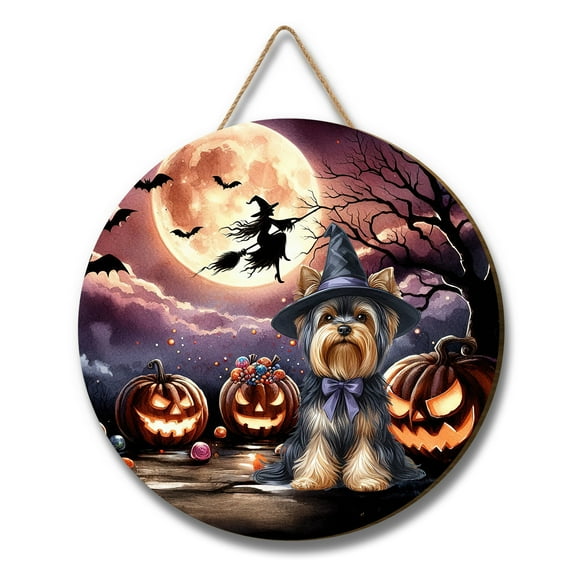 Spooky Halloween Night Witch Yorkshire Terrier Glowing Pumpkins Round Wood Sign Yorkie Dog Lover Gifts Hanging Wall Home Decor - 12015