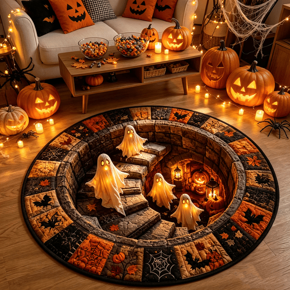 Spooky Halloween Optical Illusion Rug, Ghost Cave Stairwell Pattern Decorative Floor Mat, NonSlip Circular Rug for Indoor Halloween Home Party Room Decor,Home Decor15.7*15.7inch