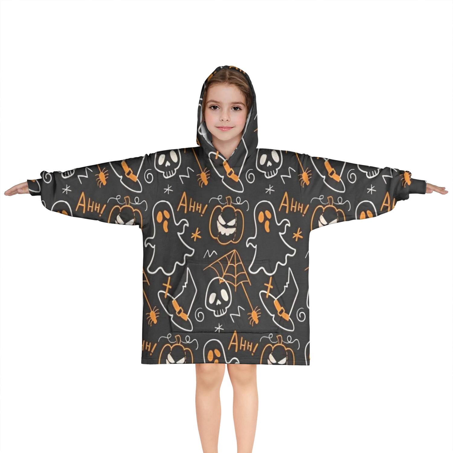 Spooky Halloween Pattern Blanket Hoodies for Kids 6-13YR Oversize Wearable Blanket Hoodies for Boys Girls Teens