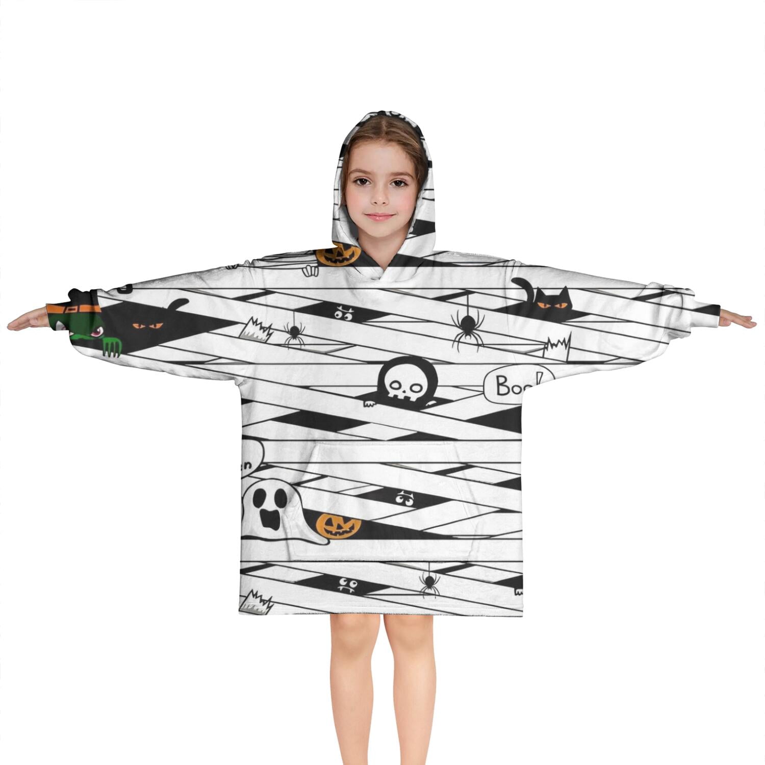 Spooky Halloween Pattern Blanket Hoodies for Kids 6-13YR Oversize Wearable Blanket Hoodies for Boys Girls Teens