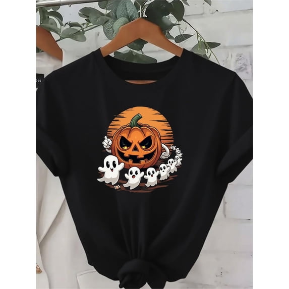 Spooky Halloween Pumpkin Ghost Women's T-Shirt,Comfortable Bat Design Graphic Tee, Halloween Party Costumes, Casual Streetwear Tees,Funny,cotton,black,S-5XL