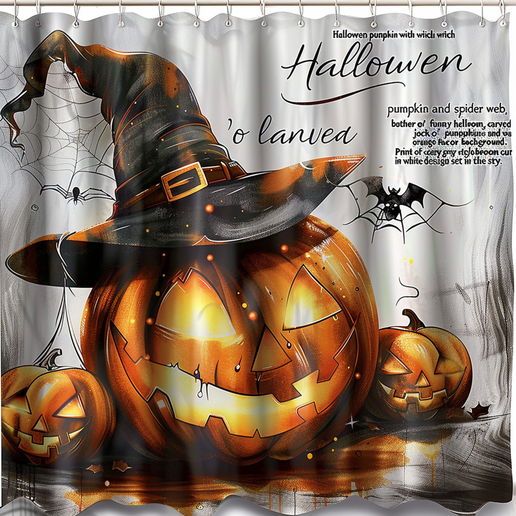 Spooky Halloween Pumpkin Shower Curtain Set Witch Hat & Spider Web ...