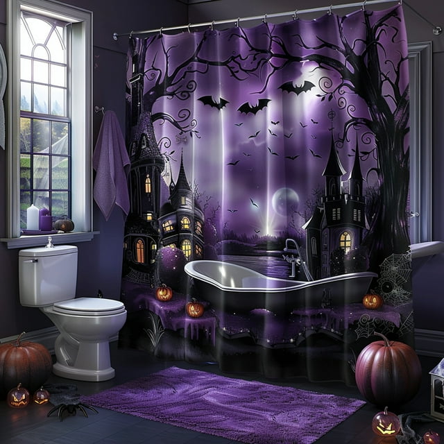 Spooky Halloween Purple & Black Shower Curtain Haunted House Decor with ...