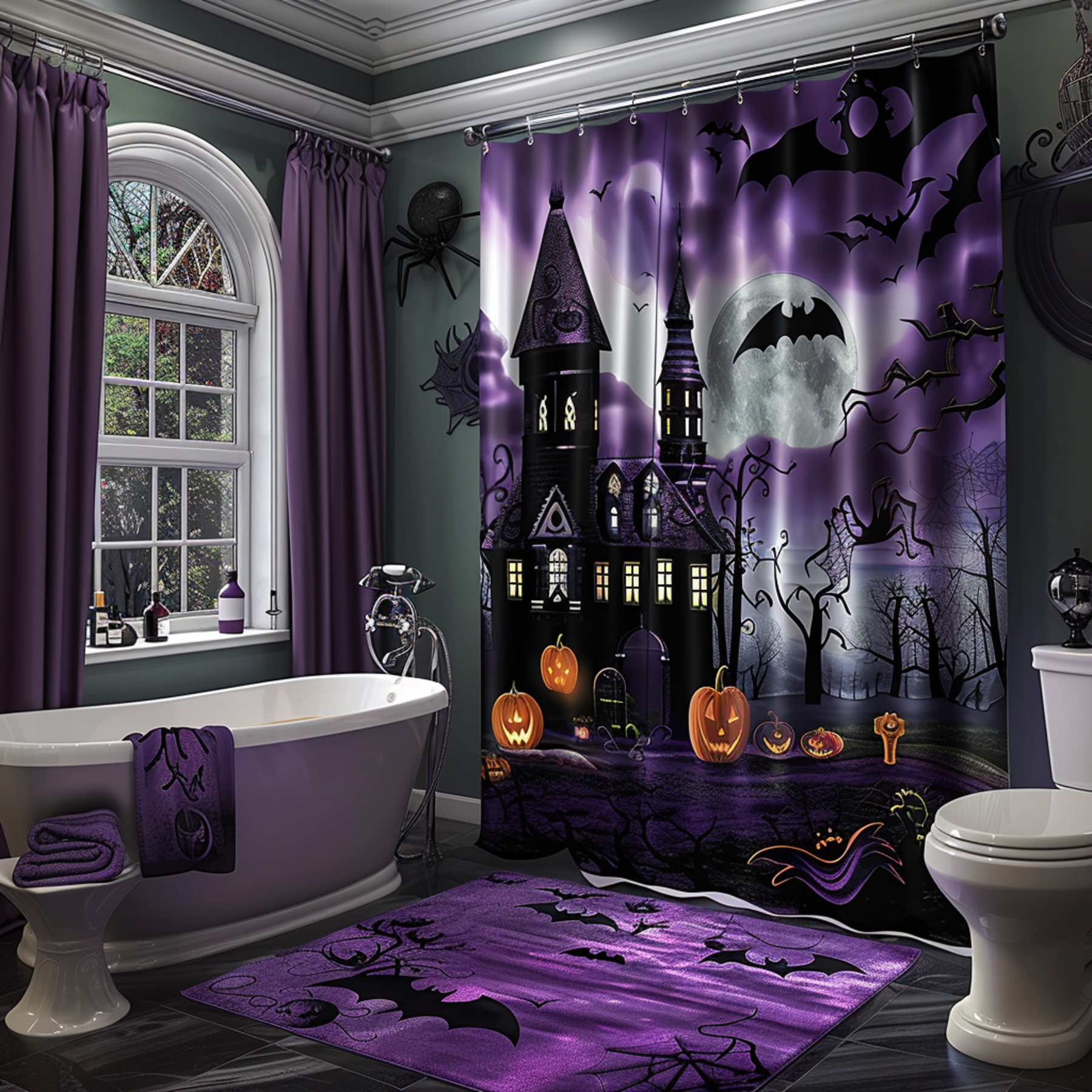 Spooky Halloween Purple and Black Shower Curtain with Witchy Mansion ...