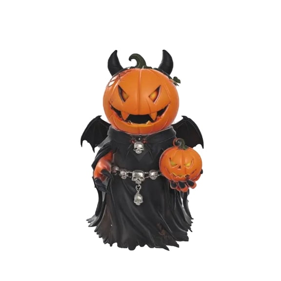 Spooky Halloween Resin Pumpkin Figurine with Devil Horns and Skull Staff, Dark Gothic Tabletop Decor, Halloween Party Centerpiece, Haunted House Decoration for Home & Office