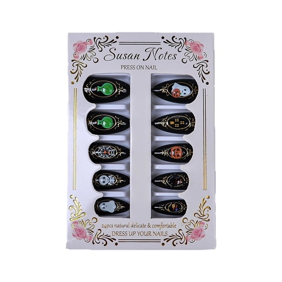 Spooky Halloween Reusable False Nail Kit, Long Almond Shape Ghost Pot Pumpkin Design Press On Nail Tips for Holiday Daily Wear