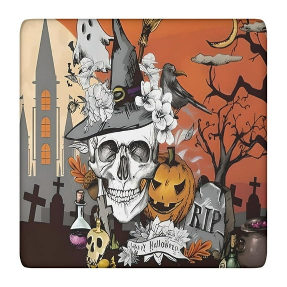 Spooky Halloween Scene Pattern Square Fitted Tablecloth with Elastic Edge,Square Table Cover,Washable Elastic Table Cover for Home Kitchen Party Decor 36"x36"