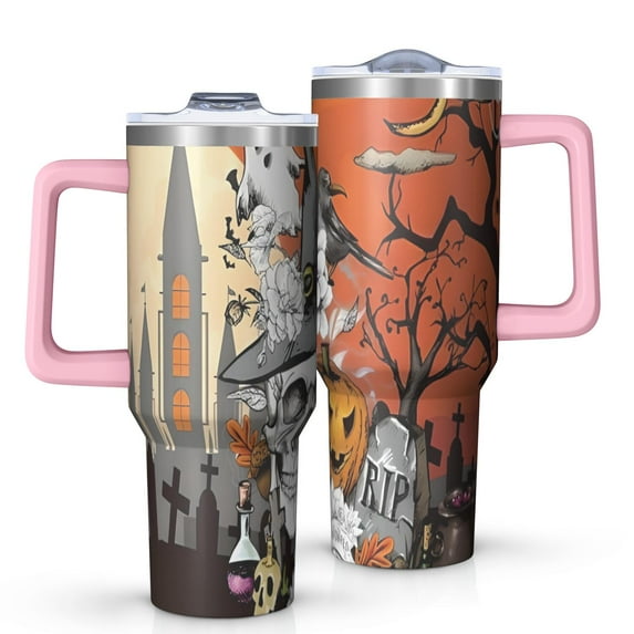 Spooky Halloween Scene Pattern Tumbler with Handle and Lid,40oz Double Wall Vacuum Insulated Tumbler,Cups Gift for Women and Men