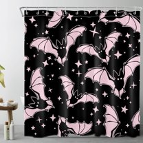 Spooky Halloween Shower Curtain for Bathroom, Gothic Horror Halloween Pink and Black Bats Fabric Shower Curtain with Hooks,Funny Halloween Bathroom Curtain Shower Set, 72" W x 84" L