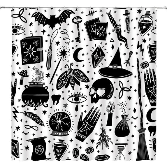 Spooky Halloween Shower Curtain Black White Horror Alchemy Witchcraft Magic Palmistry Hand Ouija Bat Moth Skull Moon Star Boho Gothic Halloween Decor Fabric Bathroom Curtain with Hook