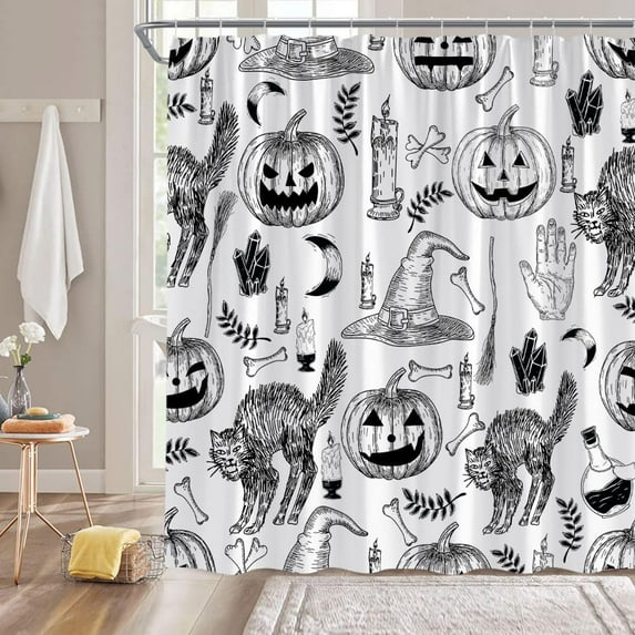 Spooky Halloween Shower Curtain Black White Scary Cat Pumpkin Witchy Hand Moon Skull Candle Vintage Gothic Vintage Holiday Fabric Bathroom Decor Curtain with Hooks