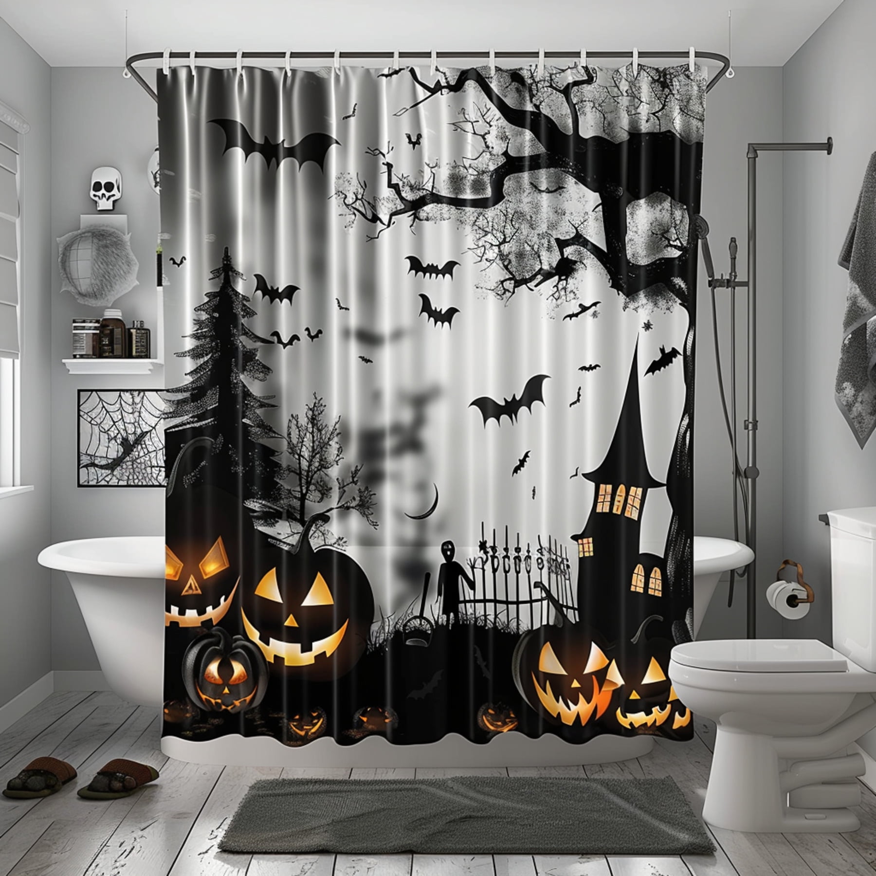 Spooky Halloween Shower Curtain Black and White Decor with Pumpkins ...