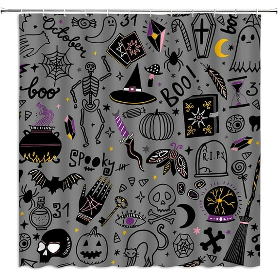Spooky Halloween Shower Curtain Cartoon Horror Skull Black Alchemy Magic World Witch Witchcraft Moon Star Gothic Cute Funny Halloween Time Decor Fabric Bathroom Curtain Set with Hook