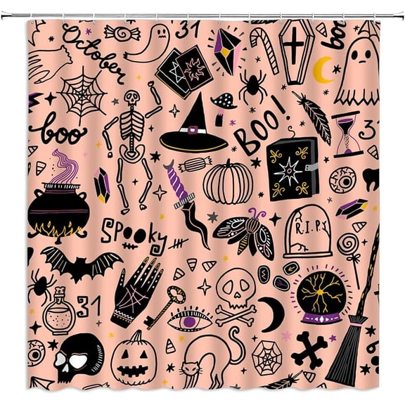Spooky Halloween Shower Curtain Cartoon Horror Skull Black Alchemy Magic World Witch Witchcraft Moon Star Gothic Cute Funny Halloween Time Decor Fabric Bathroom Curtain Set with Hook