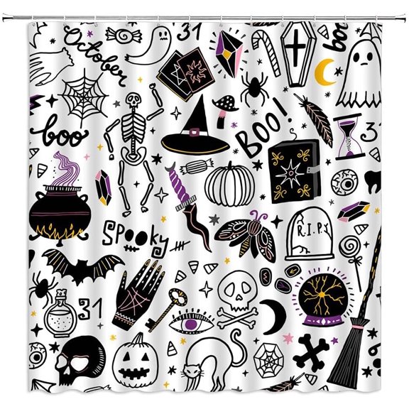 Spooky Halloween Shower Curtain Cartoon Horror Skull Black Alchemy Magic World Witch Witchcraft Moon Star Gothic Cute Funny Halloween Time Decor Fabric Bathroom Curtain Set with Hook