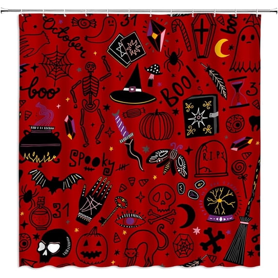 Spooky Halloween Shower Curtain Cartoon Horror Skull Black Alchemy Magic World Witch Witchcraft Moon Star Gothic Cute Funny Halloween Time Decor Fabric Bathroom Curtain Set with Hook