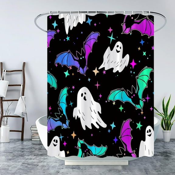 Spooky Halloween Shower Curtain Colorful Cute Funny Bat Ghost Skull Skeleton Scary Horror Magic Fantasy Happy Halloween Time Holiday Decor Fabric Bathroom Curtain with Hook