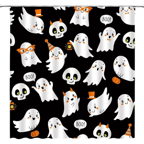 Spooky Halloween Shower Curtain Cute Funny Cartoon Ghost Sugar Skull Skeleton Pumpkin Witch Hat Black and White Trick or Treat Happy Holiday Party Decor Fabric Bathroom Curtain with Hook