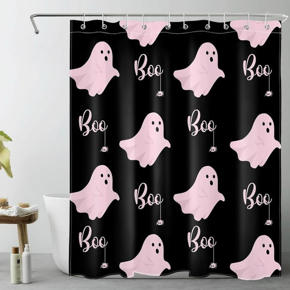 Spooky Halloween Shower Curtain Decor, Gothic Horror Halloween Pink and Black Ghost Shower Curtains 60 X72 inch Polyester Fabric Bathroom Decoration Bath Curtains Hooks Included