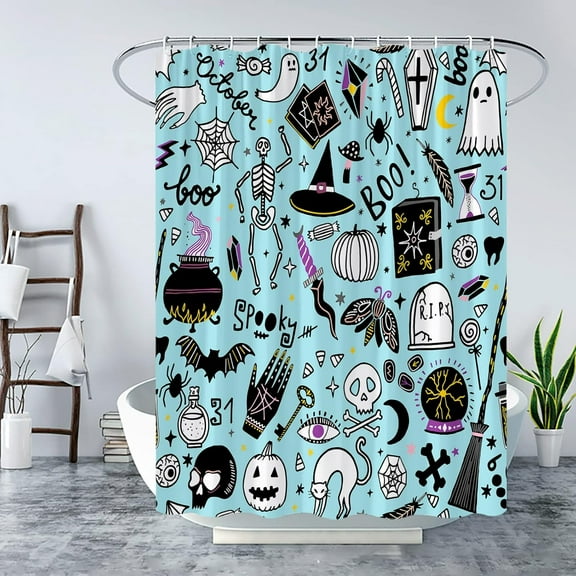 Spooky Halloween Shower Curtain Ghost Gothic Bat Scary Horror Alchemy Magic World Witch Pumpkin Witchcraft Skull Holiday Happy Halloween Night Fabric Bath Curtain Set with Hook