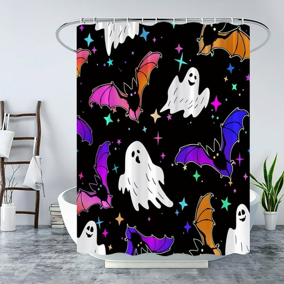 Spooky Halloween Shower Curtain Ghost Gothic Colorful Bat Scary Horror Holiday Happy Halloween Night Fabric Bath Curtain Set with Hook