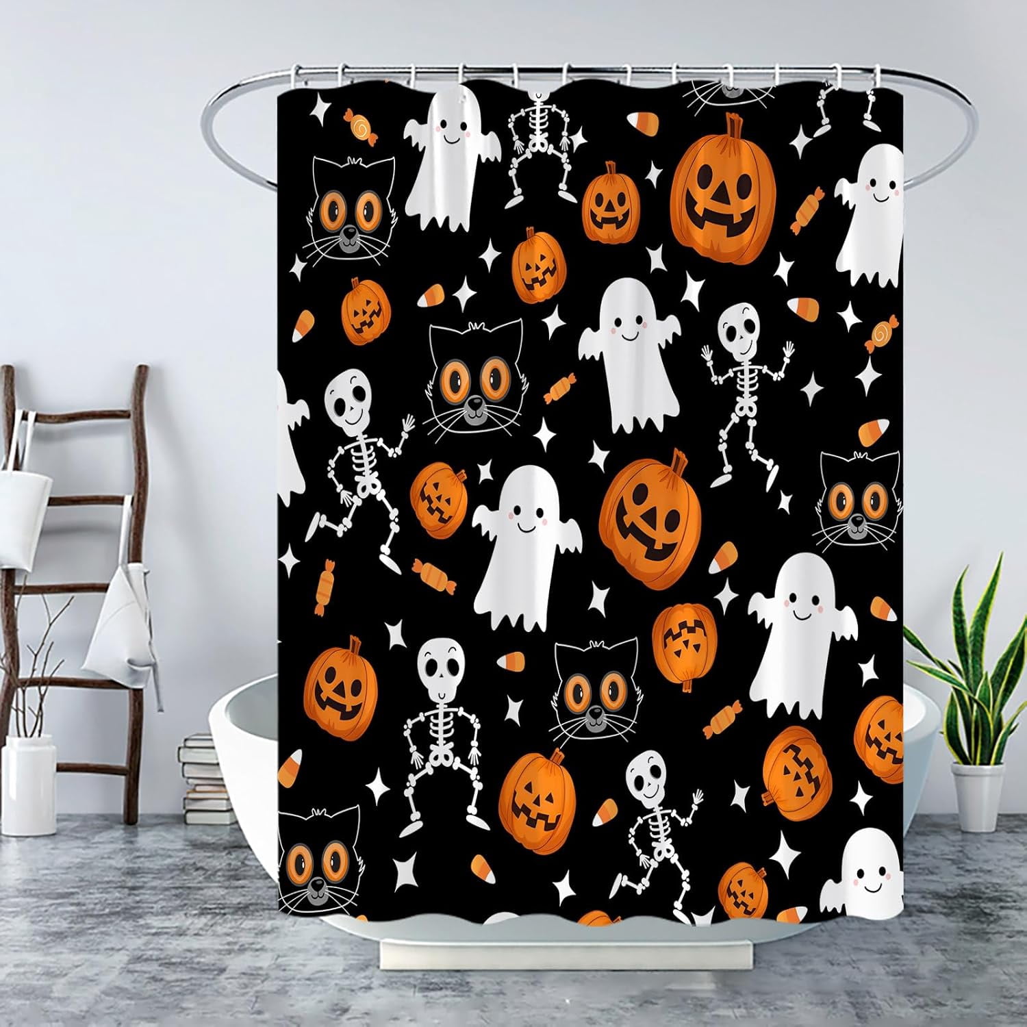 Spooky Halloween Shower Curtain Ghost Skull Skeleton Dance Pumpkin ...