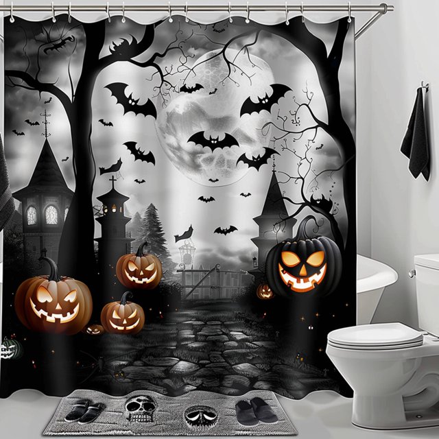 Spooky Halloween Shower Curtain Gothic Architecture Design Detailed