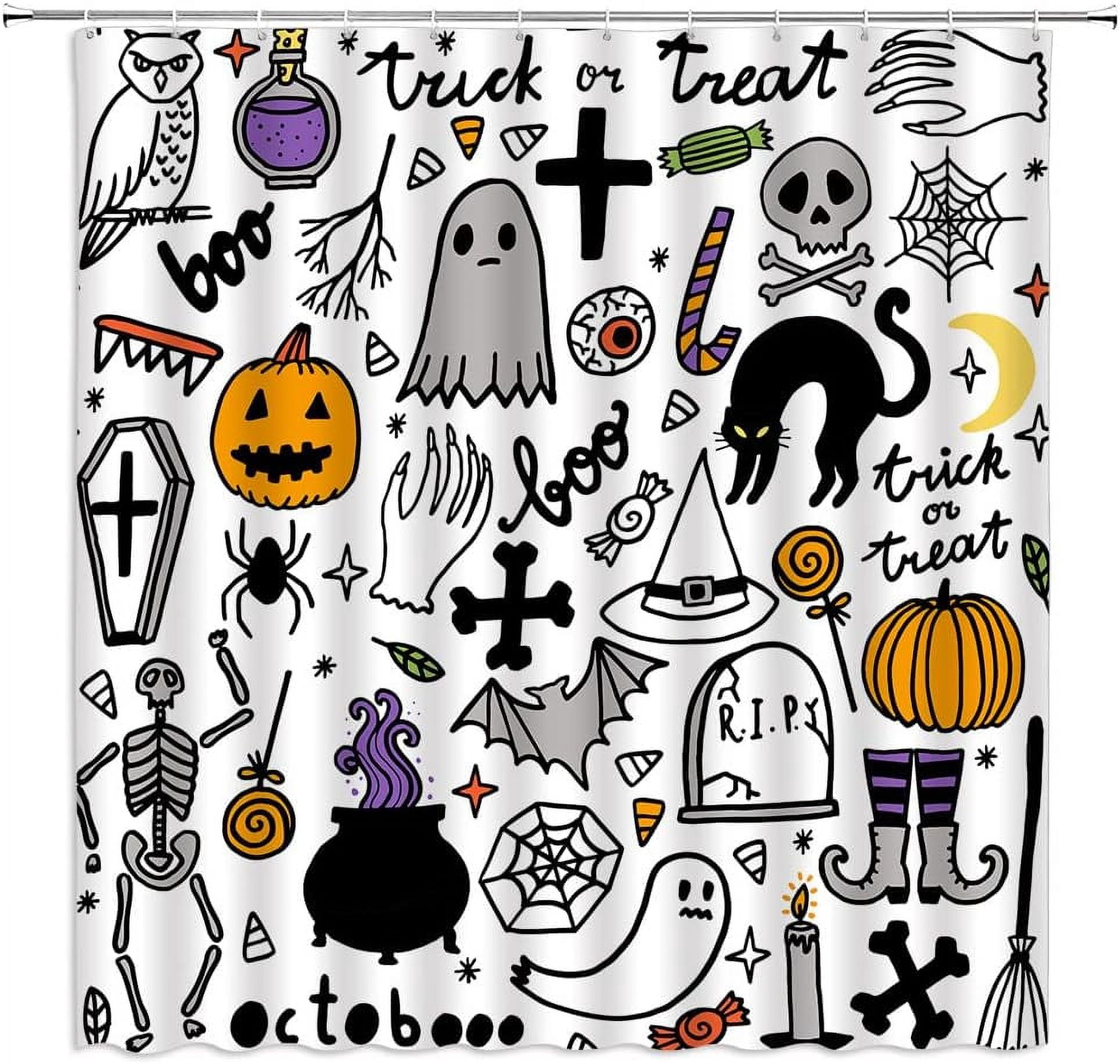Spooky Halloween Shower Curtain - Black Cat, Witch, Moon & Stars Gothic Bathroom Decor With Hooks, 70x70 Inches