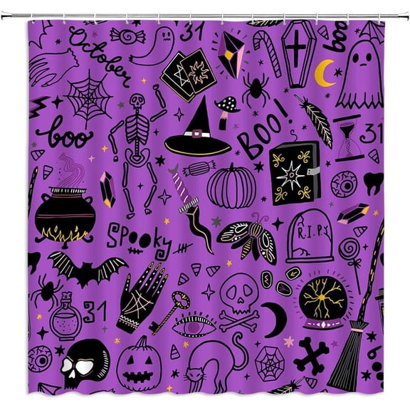 Spooky Halloween Shower Curtain Horror Black Alchemy Magic World Witch Witchcraft Moon Star Gothic Cartoon for Kids Happy Halloween Fabric Bathroom Decor Curtain with Hooks