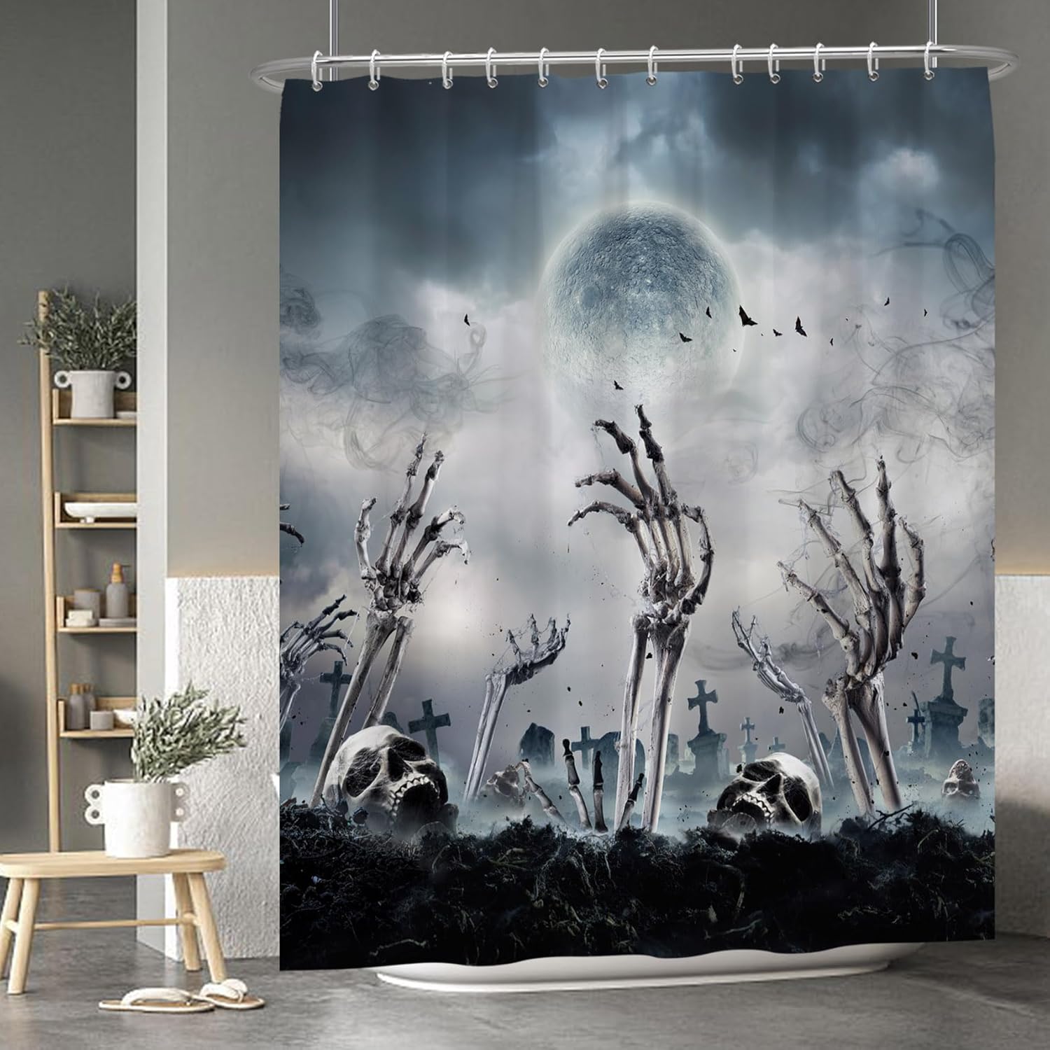 Spooky Halloween Shower Curtain Horror Graveyard Scary Full Moon Gloomy ...