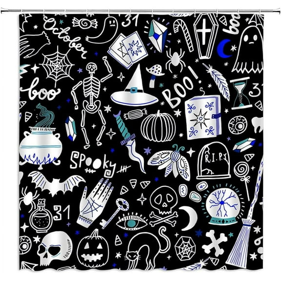 Spooky Halloween Shower Curtain Horror Skull Black Alchemy Magic World Witch Witchcraft Moon Star Gothic Halloween Time Decor Kids Fabric Curtain Set, Black White Lavender, 36 x 70 in (W x H)