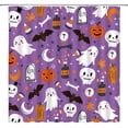 thumbnail image 1 of Spooky Halloween Shower Curtain Pumpkin Bat Witch Skull Boho Ghotic Alchemy Magic Scary Funny Cute Cartoon Icons Holiday Happy Halloween Party Fabric Bath Curtain set with Hook,Purple, 1 of 3