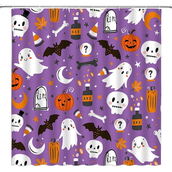 Spooky Halloween Shower Curtain Pumpkin Bat Witch Skull Boho Ghotic Alchemy Magic Scary Funny Cute Cartoon Icons Holiday Happy Halloween Party Fabric Bath Curtain set with Hook,Purple