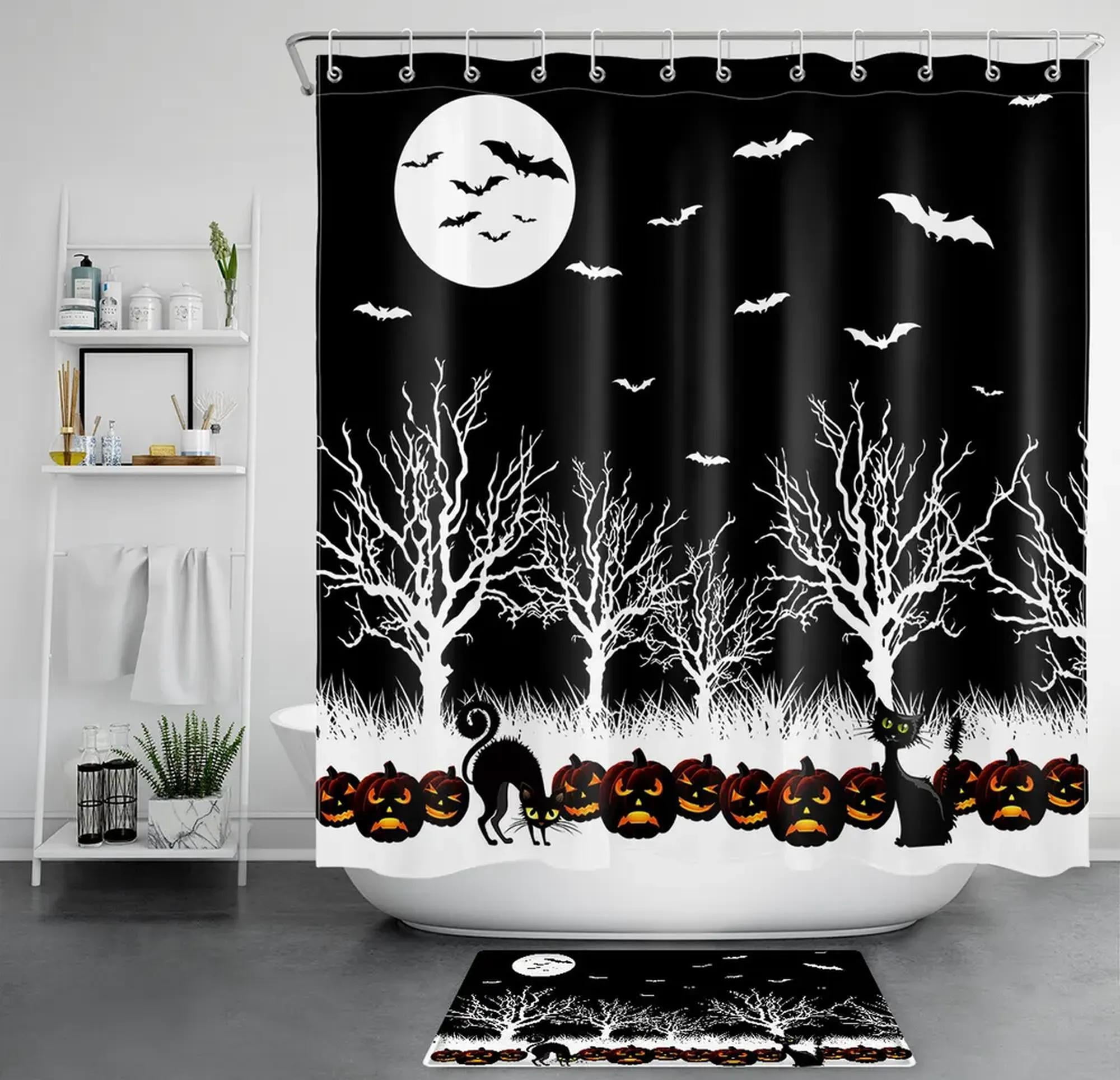 Spooky Halloween Shower Curtain Set - Black and White Pumpkins & Trees ...